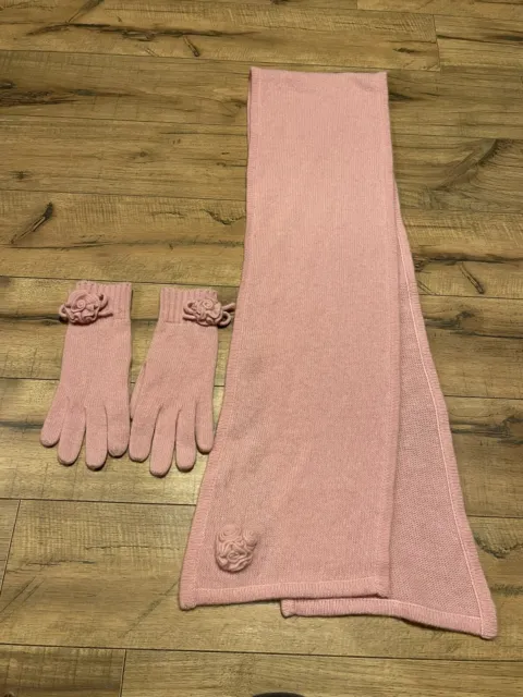 Portolano Pink 100% Cashmere Scarf And Gloves Set Flower Applique ~ EUC