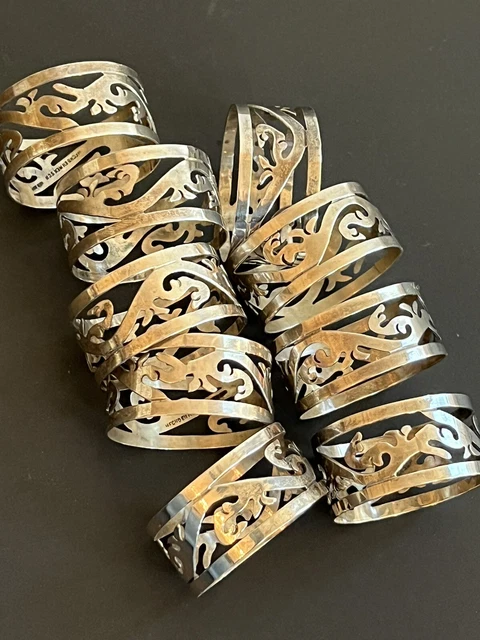 Set of 9 Vintage Sterling Silver Reticulated Napkin Ring Holders Mexico
