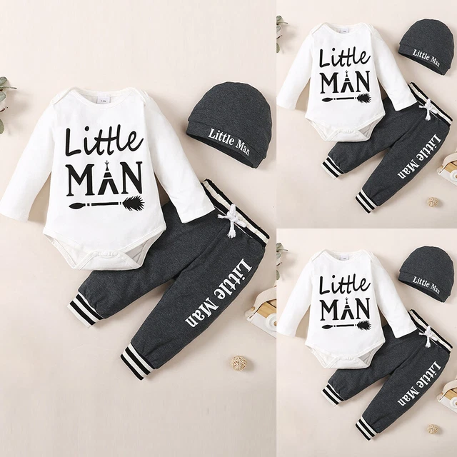 3PCS Baby Boys 'Little Man' Print Romper Pants Hat Sets Infant Newborn Outfits