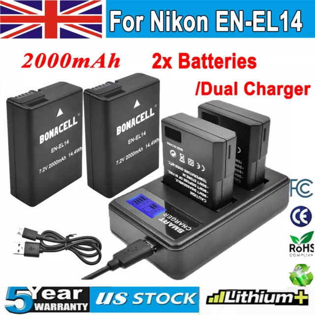 2x EN-EL14 EN-EL14A Battery for Nikon DSLR D3100 D3200 D5500 D5100 /Dual Charger