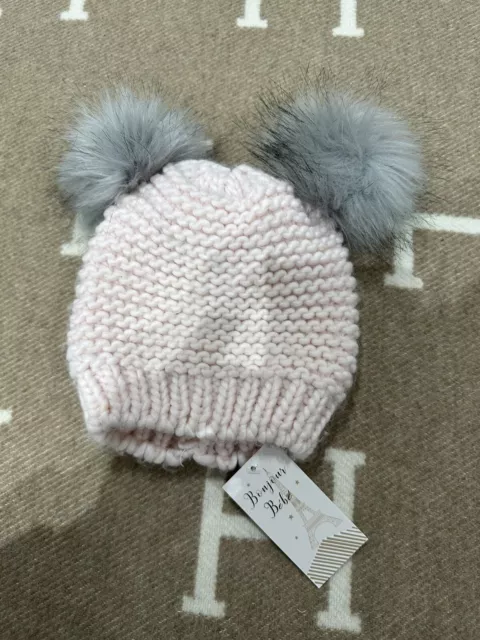 BNWT Bonjour Bebe Baby Kids Knitted Hat Fur Pom Pom Beanie Pink Girls 3Y RRP $45