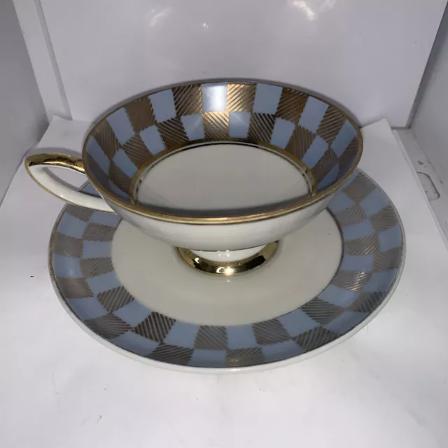 Vintage Retro Arzberg Germany Blue Gold Check Trim Tea Cup & Saucer