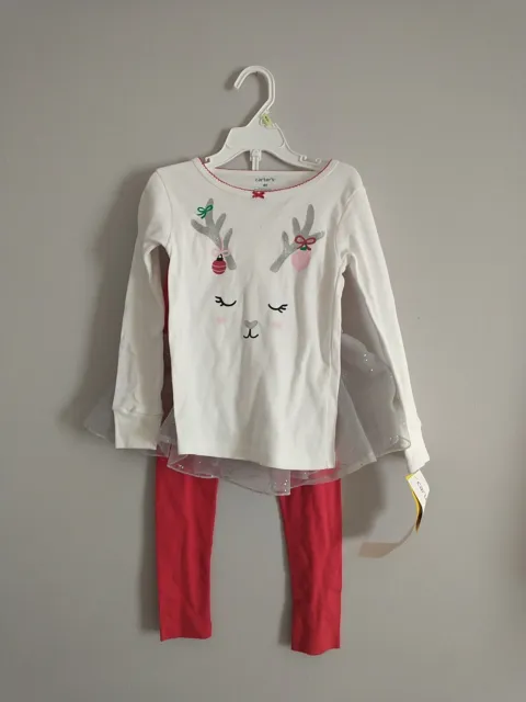 Carters Baby Girl Size 4T Christmas Reindeer 3 Piece Set Outfit Top Pants Shirt
