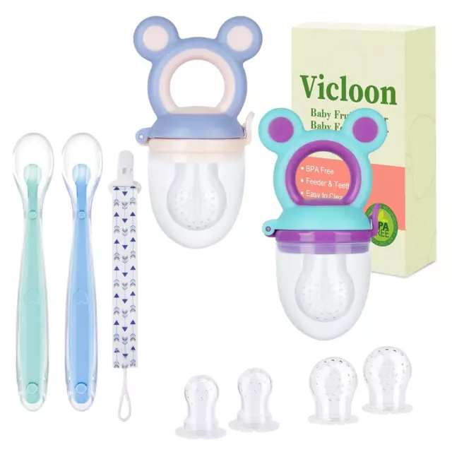 Fruchtsauger Set Baby + 6 Silikon-Sauger in 3 Größen + Silikon Babylöffel - Bpa-