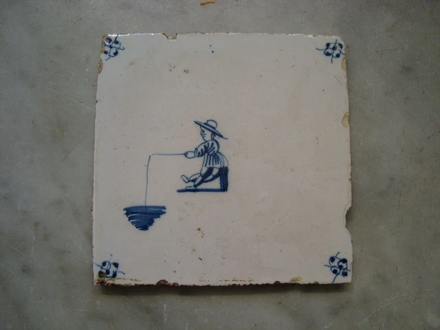 rare18th century delft dutch delftware tile fisherman ,fishing sport