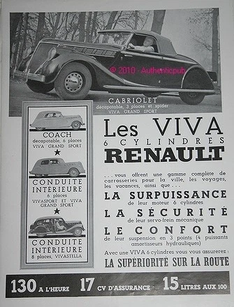 Publicité Originale 1937 – Renault Viva Grand Sport 6 Cylindres – Freinage Instantané