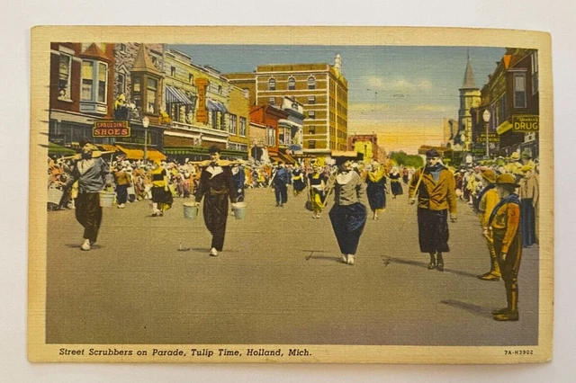 Vintage Postcard Street Scrubbers on Parade, Tulip Time, Holland, Michigan