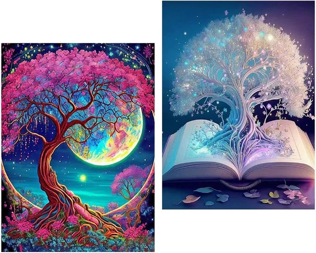 Paquete de 2 kits de pintura de diamantes del árbol de la vida para adultos, kits de arte de diamantes del árbol lunar