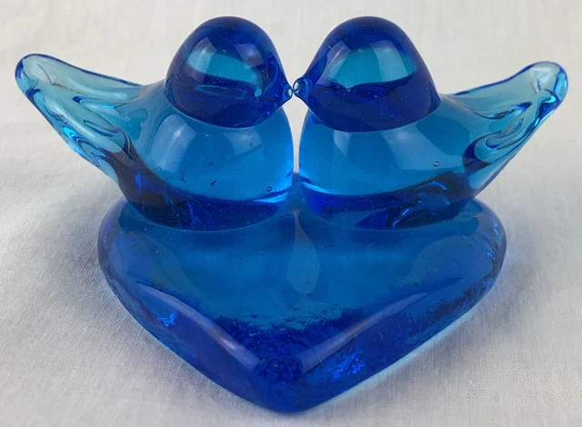 Fenton Two Blue Birds of Happiness on Heart Figurine Signed Bluebird 90s Vintage