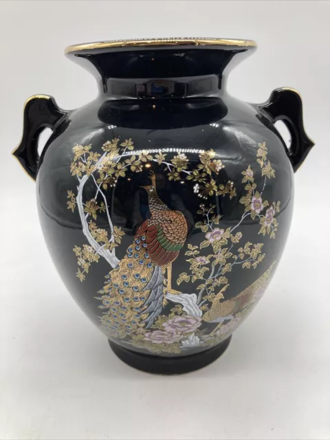 Vintage Porcelain Large Black Vase Handles Peacocks Gold Accents Japan Yamaji