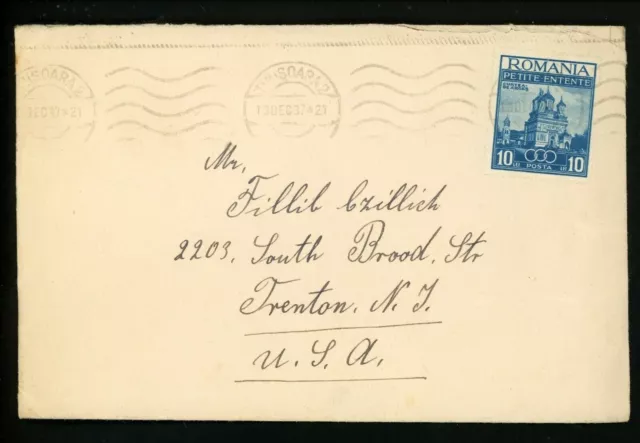 Postal History Romania Scott #468 Cover 1937 Timisoara to Trenton NJ USA