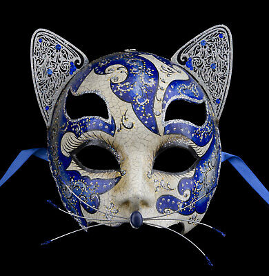 Mask from Venice Cat Gattino Blue Silver Paper Mache Metal Top Quality 1748