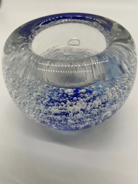 Gorgeous Controlled Bubble Art Glass Candle Holder Clear Cobalt, Heavy 3”x 2.5"