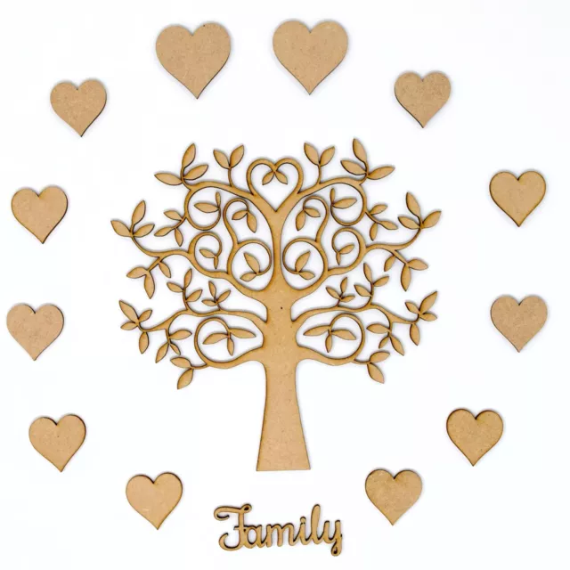 Wooden MDF Tree Set inc. 12 free hearts and Family word - Craft Blank Shape