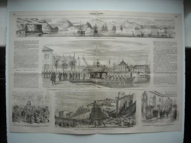 Gravure 1864. Empereur A Nice, Toulon, Marseille. Arsenal De Toulon. Rade De Tou