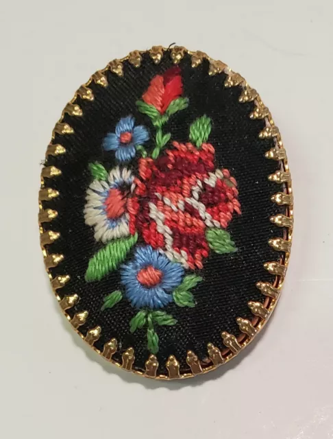 Vintage Micro Needlepoint embroidered Rose Flower 1-5/8" Brooch Pin Oval