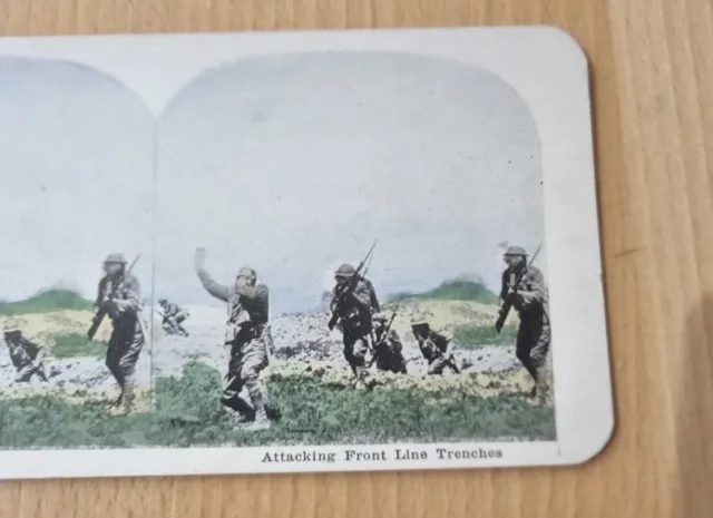 Antique WW1 3D Stereoview Colourised Photo Card "Attacking Front Line Trenches"