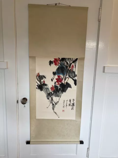 Vintage Chinese Hanging Watercolor Painting Scroll Flowers on a branch signed