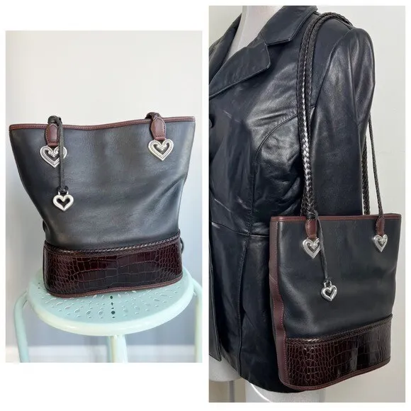 Brighton Leather Two Tone Bucket Shoulder Bag Purse Black & Brown Croc