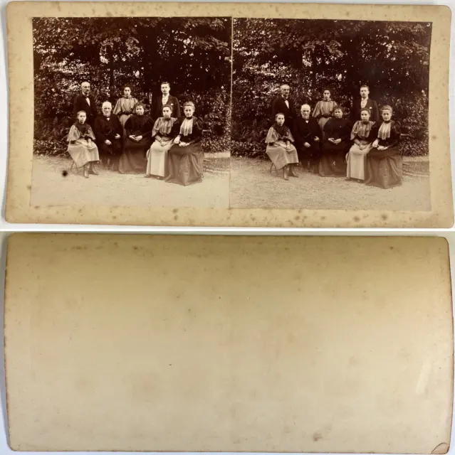 France, Family in the Garden Vintage Stereo Card, Citrate Print 8.5x17