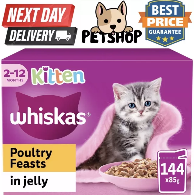 X 85g Whiskas Kitten Poultry Feasts Mixed Wet Cat Food Pouches in Jelly 144 X 85