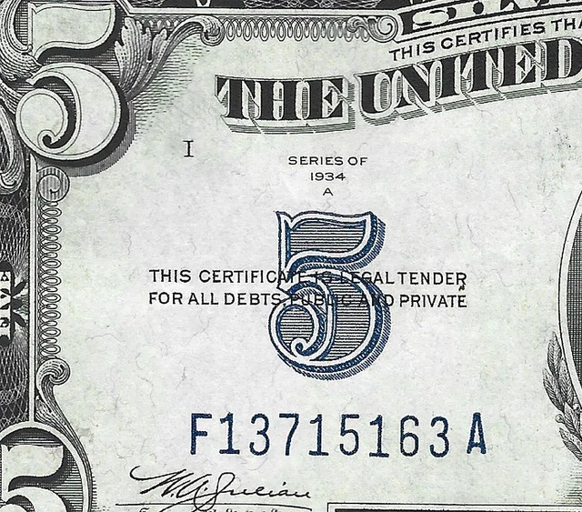 1934-A $5 Silver Certificate CRISP HIGH GRADE F13715163A