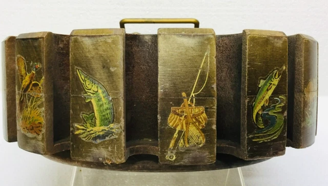 Vintage Wood Poker Chip Holder Decorated Outdoor Scene Fish Hunt Deer Bird