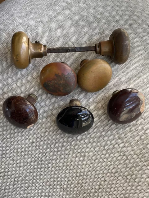 Vintage -  Antique -  Lot of 7 Porcelain & Brass Door Knobs