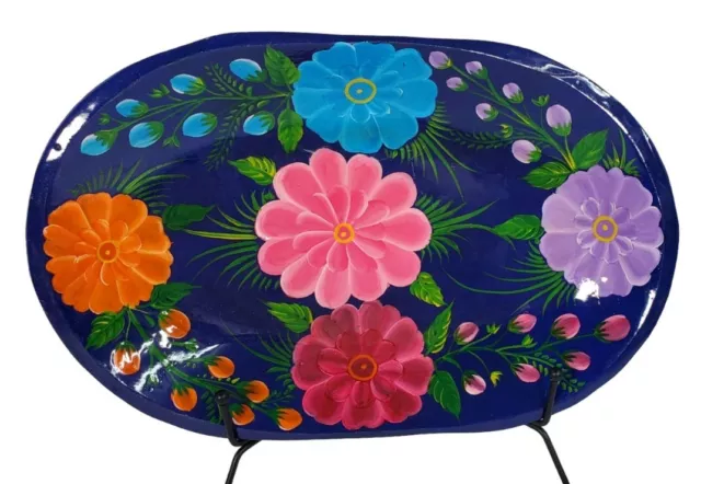 Wooden Hand Painted Enamel Bowl Floral Blue Pink Red Orange Purple Mexico?