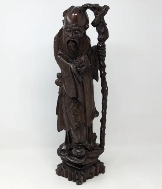 Antique Chinese Carved Wood Wire Inlaid God of Longevity Shou Lao Sculpture HR21