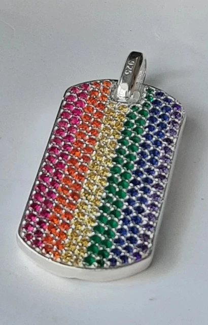 14K White Gold Plated 4 Ct Lab Created Multi Gemstones Dog Tag Men's Pendant