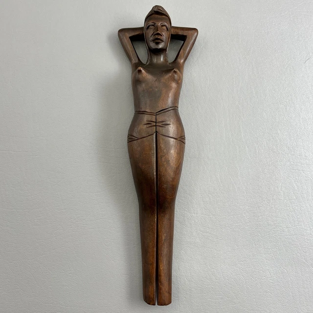 Vintage Folk Art 13” Hand Carved Wooden Topless Lady Nut Cracker MCM Nutcracker