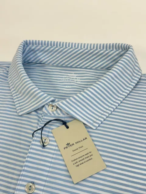 NWT Peter Millar Seaside Wash Cotton Pocket Striped Golf Polo Shirt Lt Blue XXL