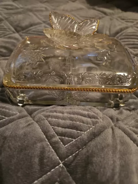 Vintage Jeanette Butterfly Glass Covered Divided Cigarette or Jewelry Box - Gold