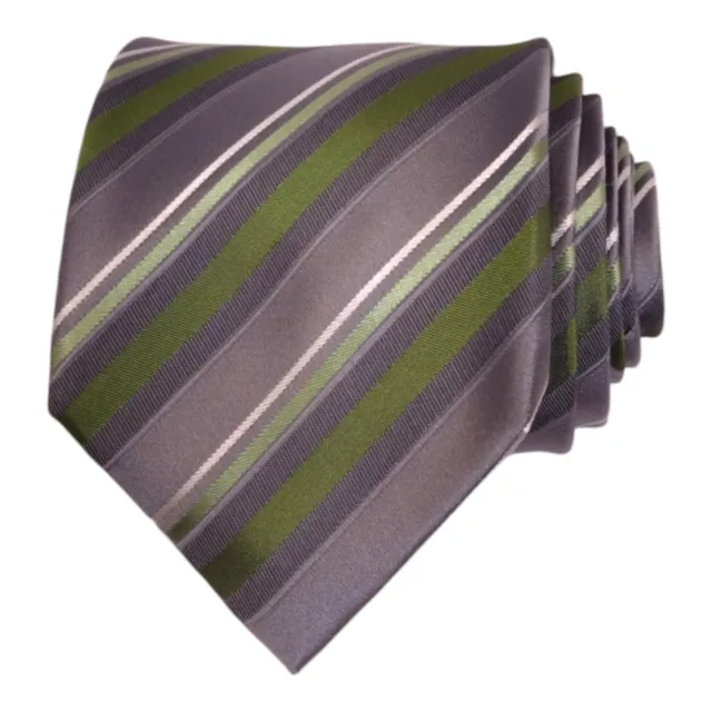 GEOFFREY BEENE Mens Classic Tie 100% Silk Silver Green Stripe Dress Necktie 3.25