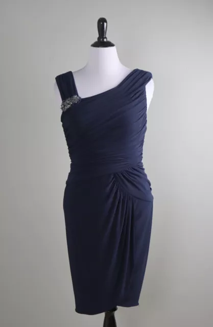 ADRIANNA PAPELL Evening $149 Navy Beaded Crystal Brooch Gathered Dress Size 12