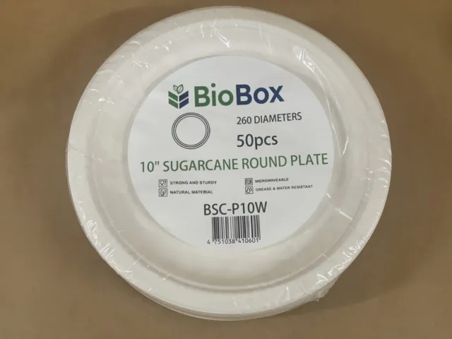 (50pcs) BioBox 10" Sugarcane 260mm Party BBQ Round Plate Degradable BIO BOX