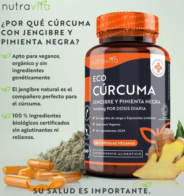 Nutravita Cúrcuma Eco Orgánica 1440mg,Jengibre,Pimienta Negra,180 capsula vegana
