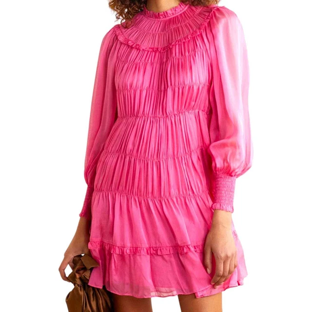ULLA JOHNSON Women's Fuchsia Pink Emmeline Silk Habotai Shirred Mini Dress