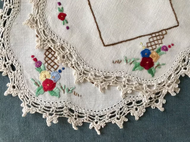 Pair Vintage Doilies Bone Linen Hand Embroidery Crochet Trim 18cm