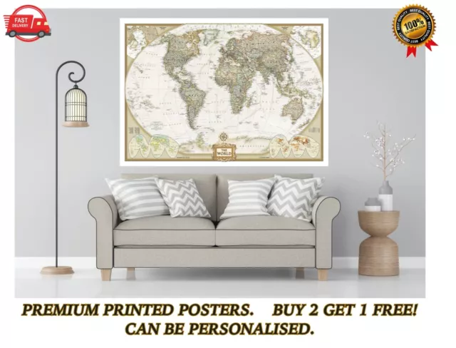 Vintage World Map Atlas Large Poster Art Print Personalised A0 A1 A2 A3 A4 Maxi