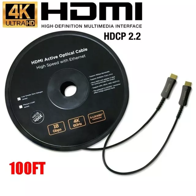 100FT AOC HDMI Cable Active Fiber Optic HDTV 4K 60Hz 18Gb HDR ARC HEAC HDCP 2.2