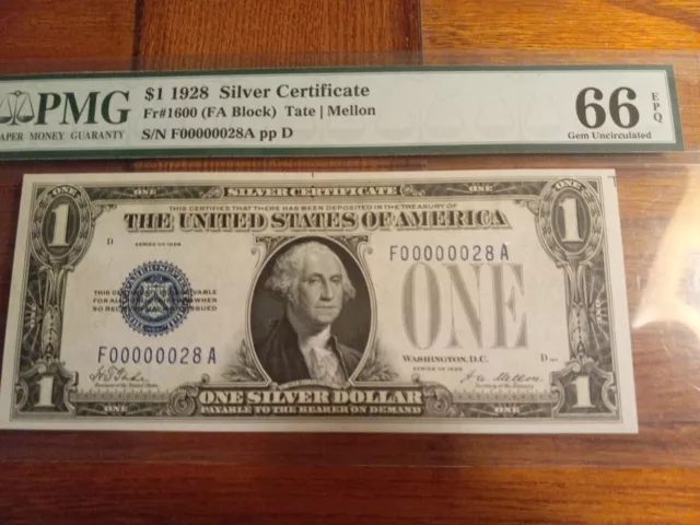 1928 $1 Silver Cerificate Low Fancy Serial #28 Pmg 66Epq 00000028 On A 1928 Note