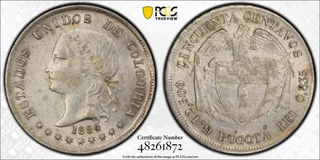 1884 PCGS AU55 - COLUMBIA - Silver Bogota 50c Cincuenta Centavos Coin #47279A
