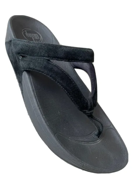 Fitflop Womens Whirl Thong Suede Sandals  Black Platform Wedge Heel Slip On 8