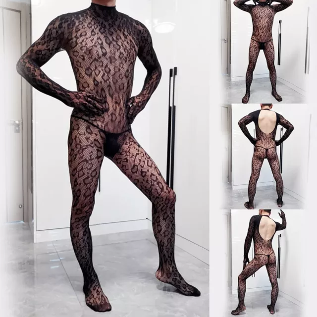 Body uomo in rete trasparente che vede attraverso lingerie calze corpo intero