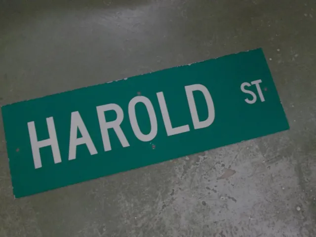 Vintage ORIGINAL HAROLD ST Street Sign 36' X 12" White on Green