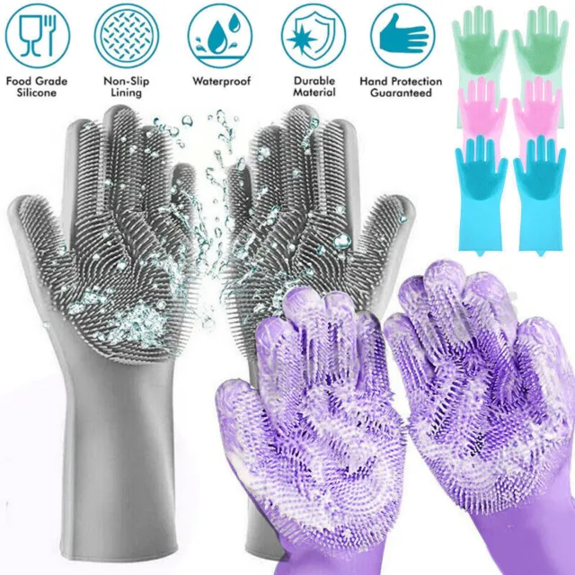 Silicone Rubber Dish Washing Gloves Kitchen Scrubber Cleaning Waterproof Sponge
