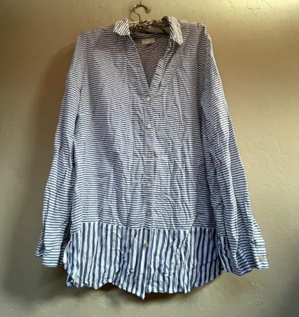 J. Jill Womens Sz XL White Blue Striped Long Sleeve Button-Down Tunic Top Rayon