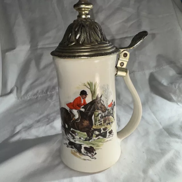 Nelson McCoy Pottery Co Beer Stein with Metal Lid, Fox Hunting Image